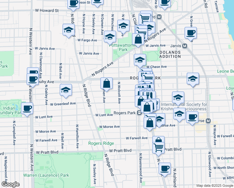 map of restaurants, bars, coffee shops, grocery stores, and more near 1905 West Estes Avenue in Chicago