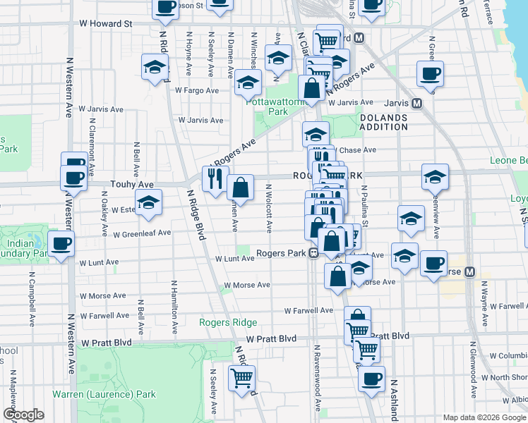 map of restaurants, bars, coffee shops, grocery stores, and more near 1852 West Greenleaf Avenue in Chicago