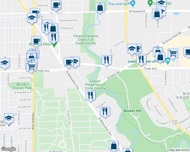map of restaurants, bars, coffee shops, grocery stores, and more near North Branch Trail in Niles