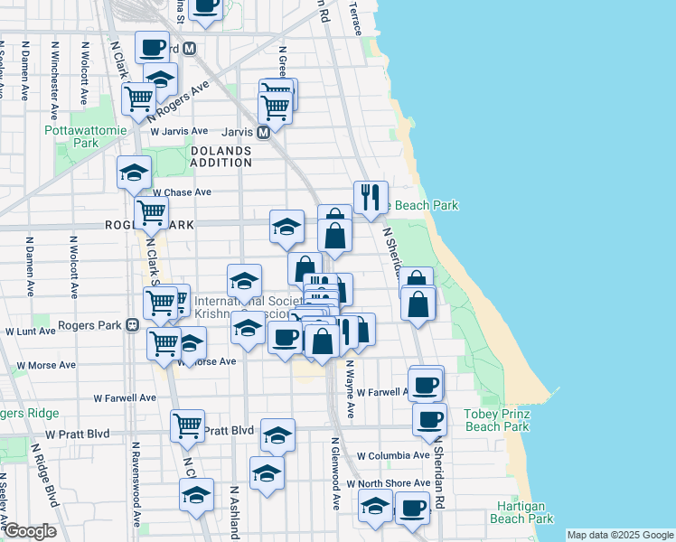 map of restaurants, bars, coffee shops, grocery stores, and more near 1367 West Estes Avenue in Chicago