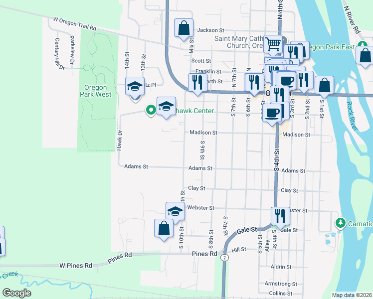 map of restaurants, bars, coffee shops, grocery stores, and more near 405 South 10th Street in Oregon