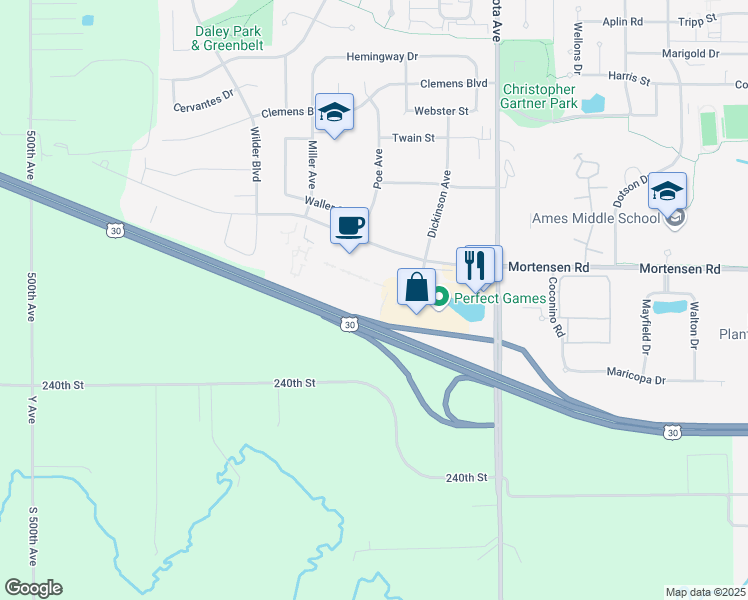 map of restaurants, bars, coffee shops, grocery stores, and more near 4710 Mortensen Road in Ames