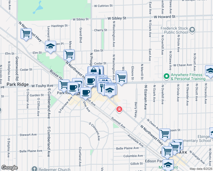 map of restaurants, bars, coffee shops, grocery stores, and more near 325 West Touhy Avenue in Park Ridge