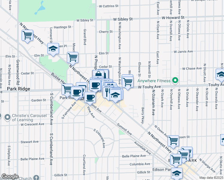 map of restaurants, bars, coffee shops, grocery stores, and more near 325 West Touhy Avenue in Park Ridge
