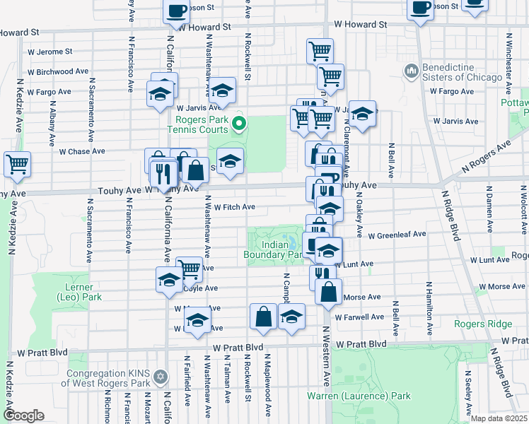 map of restaurants, bars, coffee shops, grocery stores, and more near 2529 West Fitch Avenue in Chicago