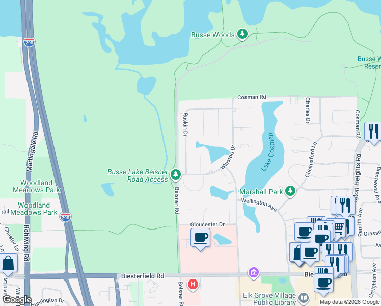 map of restaurants, bars, coffee shops, grocery stores, and more near 730 Parkview Circle in Elk Grove Village