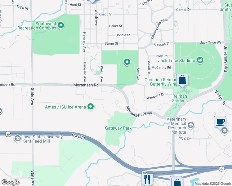 map of restaurants, bars, coffee shops, grocery stores, and more near 1534 Little Bluestem Court in Ames
