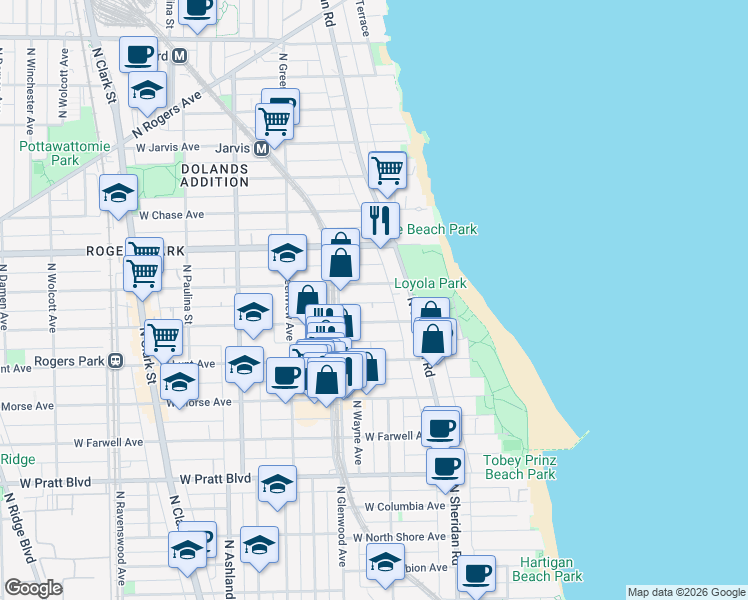 map of restaurants, bars, coffee shops, grocery stores, and more near 1350 West Greenleaf Avenue in Chicago