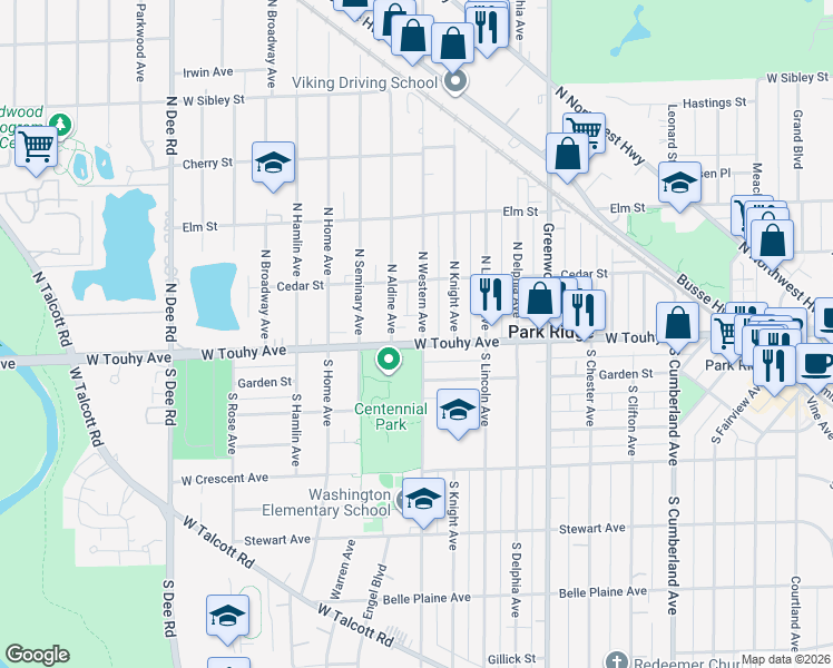 map of restaurants, bars, coffee shops, grocery stores, and more near in Park Ridge