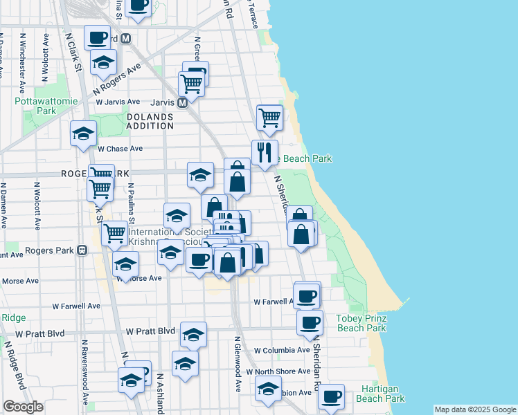 map of restaurants, bars, coffee shops, grocery stores, and more near 1350 West Greenleaf Avenue in Chicago
