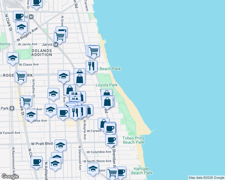 map of restaurants, bars, coffee shops, grocery stores, and more near 1230 West Greenleaf Avenue in Chicago