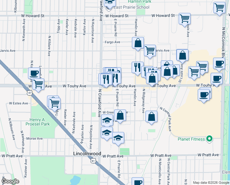 map of restaurants, bars, coffee shops, grocery stores, and more near 7152 North East Prairie Road in Lincolnwood