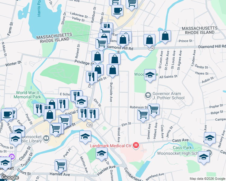map of restaurants, bars, coffee shops, grocery stores, and more near 261 Burnside Avenue in Woonsocket