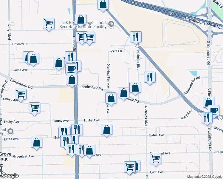 map of restaurants, bars, coffee shops, grocery stores, and more near 1951 Landmeier Road in Elk Grove Village