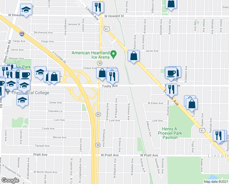 map of restaurants, bars, coffee shops, grocery stores, and more near 7138 North Kilpatrick Avenue in Lincolnwood