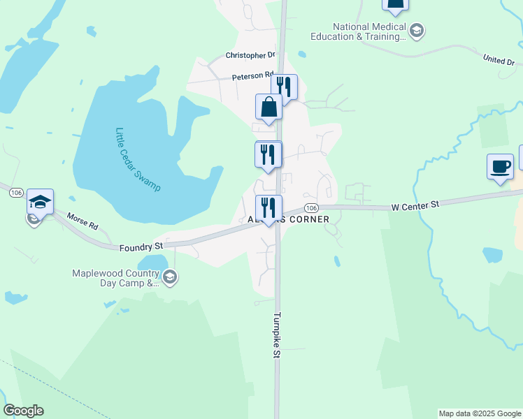 map of restaurants, bars, coffee shops, grocery stores, and more near 88 Massachusetts 106 in Easton