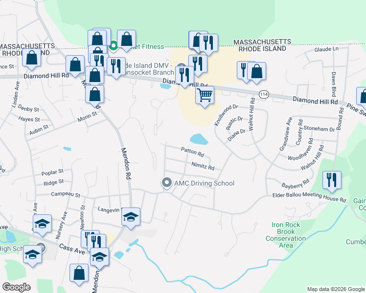 map of restaurants, bars, coffee shops, grocery stores, and more near 209 Priscilla Road in Woonsocket