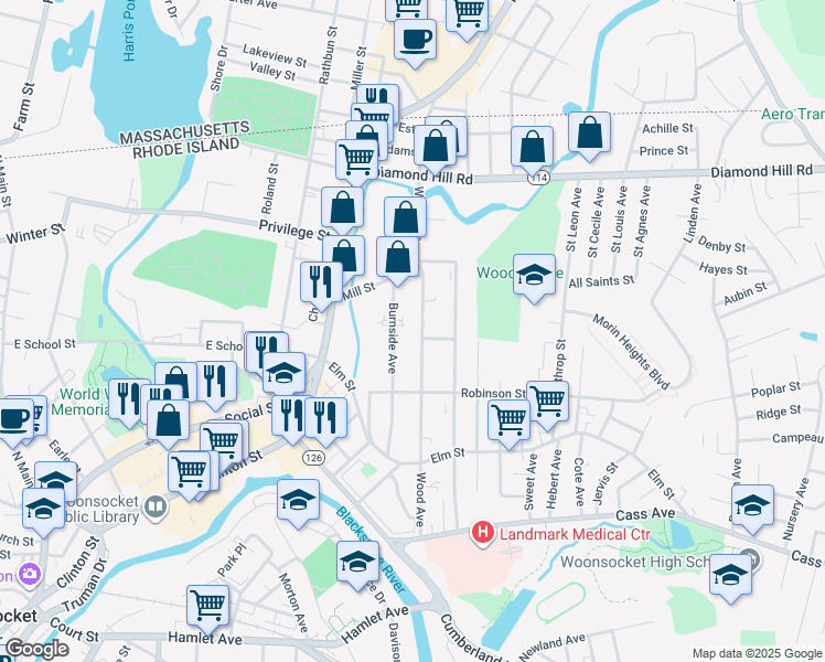 map of restaurants, bars, coffee shops, grocery stores, and more near 213 Burnside Avenue in Woonsocket