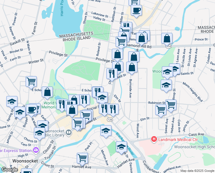 map of restaurants, bars, coffee shops, grocery stores, and more near 626 East School Street in Woonsocket