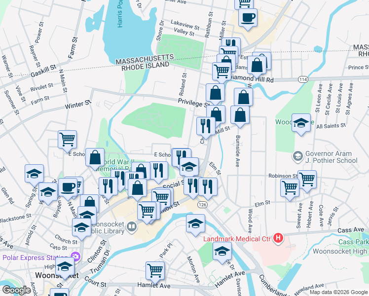 map of restaurants, bars, coffee shops, grocery stores, and more near 105 Rathbun Street in Woonsocket