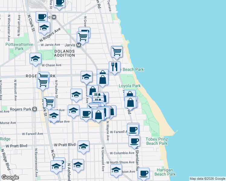 map of restaurants, bars, coffee shops, grocery stores, and more near 1354 West Greenleaf Avenue in Chicago