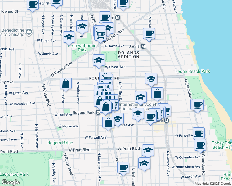 map of restaurants, bars, coffee shops, grocery stores, and more near 1730 West Greenleaf Avenue in Chicago
