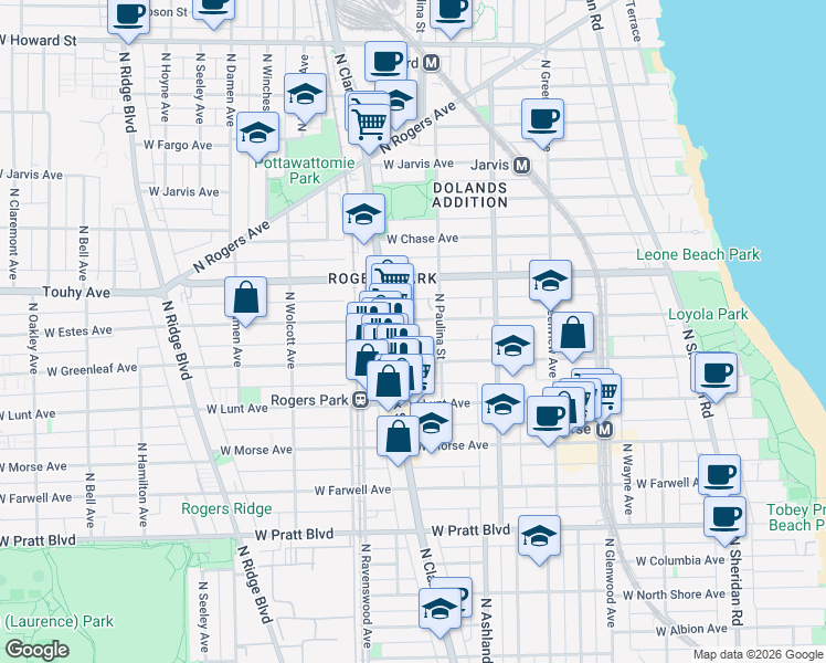 map of restaurants, bars, coffee shops, grocery stores, and more near 1730 West Greenleaf Avenue in Chicago