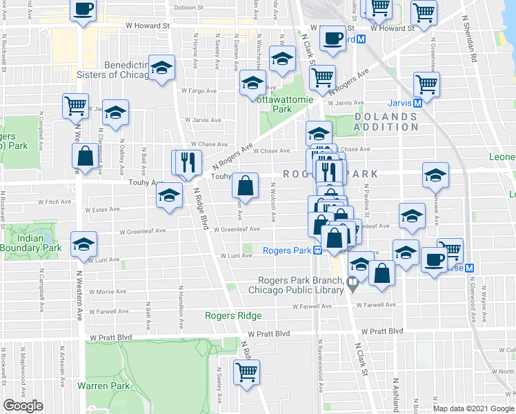map of restaurants, bars, coffee shops, grocery stores, and more near 1932 West Greenleaf Avenue in Chicago