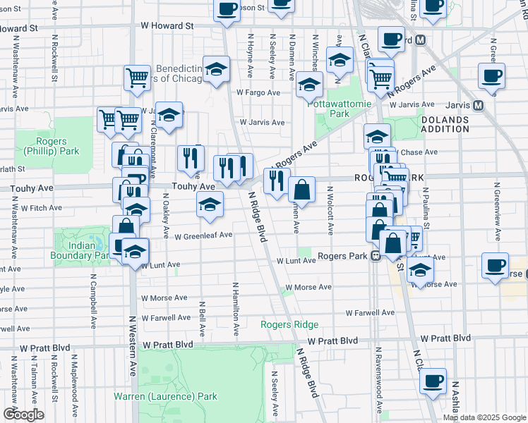 map of restaurants, bars, coffee shops, grocery stores, and more near 7054 North Ridge Boulevard in Chicago