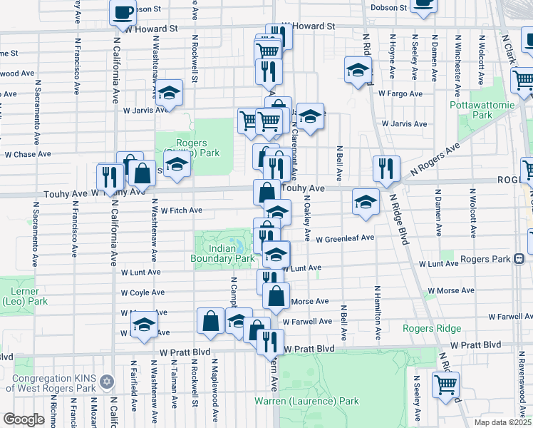 map of restaurants, bars, coffee shops, grocery stores, and more near 7065 North Western Avenue in Chicago