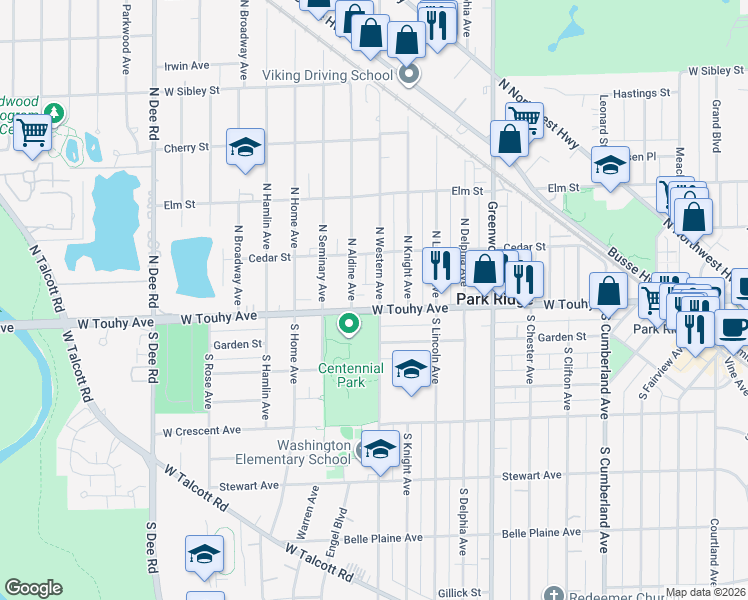 map of restaurants, bars, coffee shops, grocery stores, and more near in Park Ridge