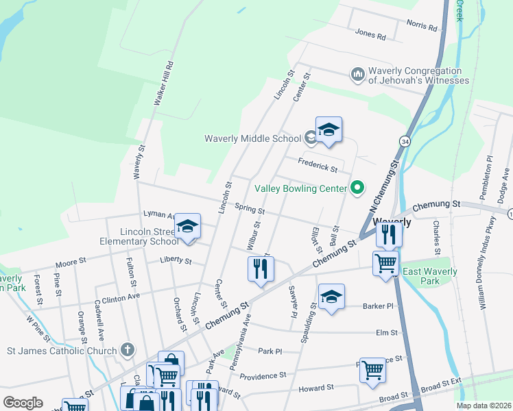 map of restaurants, bars, coffee shops, grocery stores, and more near 115 Wilbur Street in Waverly