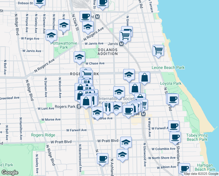 map of restaurants, bars, coffee shops, grocery stores, and more near 1617 West Estes Avenue in Chicago