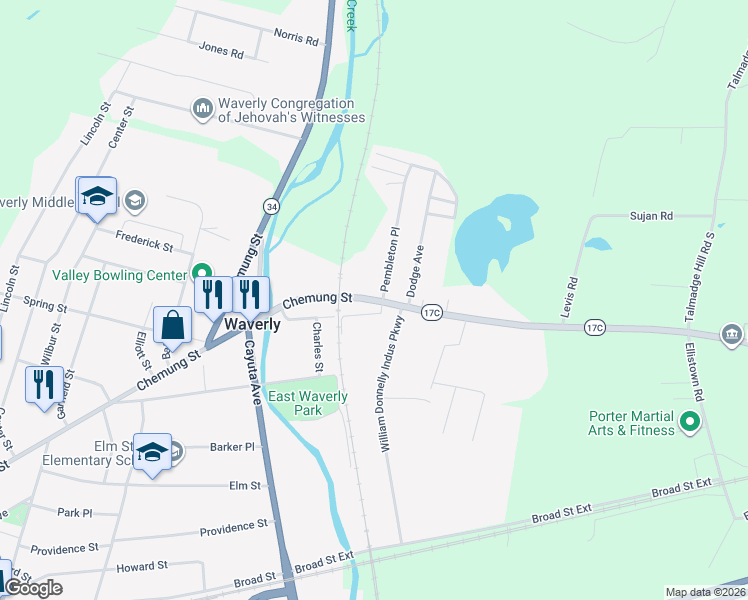 map of restaurants, bars, coffee shops, grocery stores, and more near 645 Highway 17C in Waverly