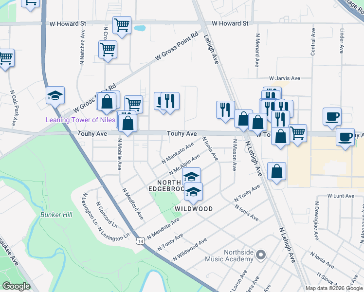 map of restaurants, bars, coffee shops, grocery stores, and more near 7150 North Mankato Avenue in Chicago
