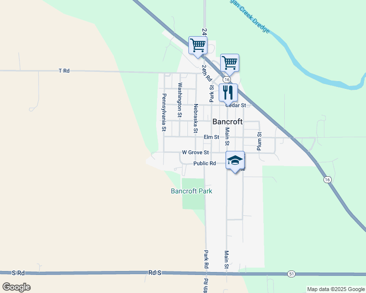 map of restaurants, bars, coffee shops, grocery stores, and more near 306 Elm Street in Bancroft