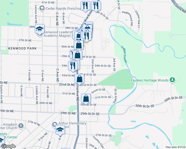 map of restaurants, bars, coffee shops, grocery stores, and more near 3301 2nd Avenue Southeast in Cedar Rapids