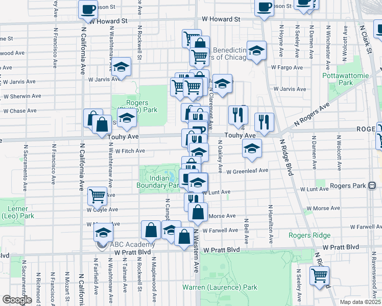 map of restaurants, bars, coffee shops, grocery stores, and more near 2411 West Fitch Avenue in Chicago