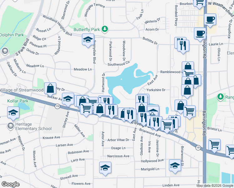 map of restaurants, bars, coffee shops, grocery stores, and more near 61 King Drive in Streamwood