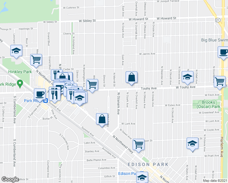 map of restaurants, bars, coffee shops, grocery stores, and more near 11 West Touhy Avenue in Park Ridge