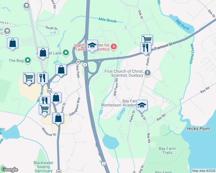 map of restaurants, bars, coffee shops, grocery stores, and more near 90 Humphreys Lane in Duxbury