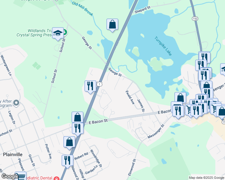 map of restaurants, bars, coffee shops, grocery stores, and more near 9 Highview Drive in Plainville