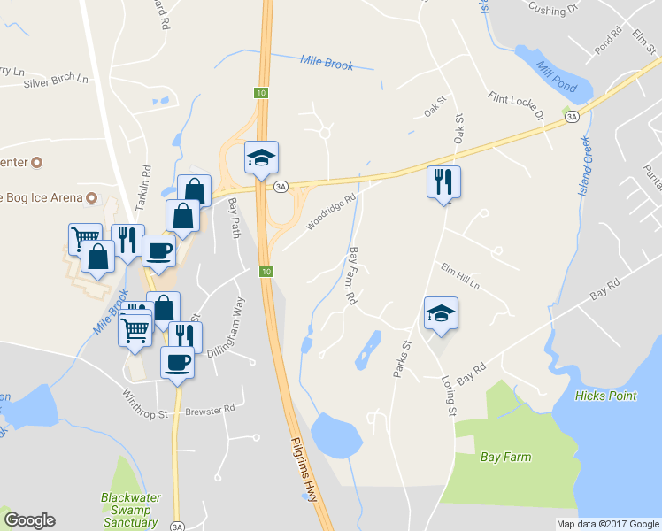 map of restaurants, bars, coffee shops, grocery stores, and more near 68 Tussock Brook Road in Duxbury