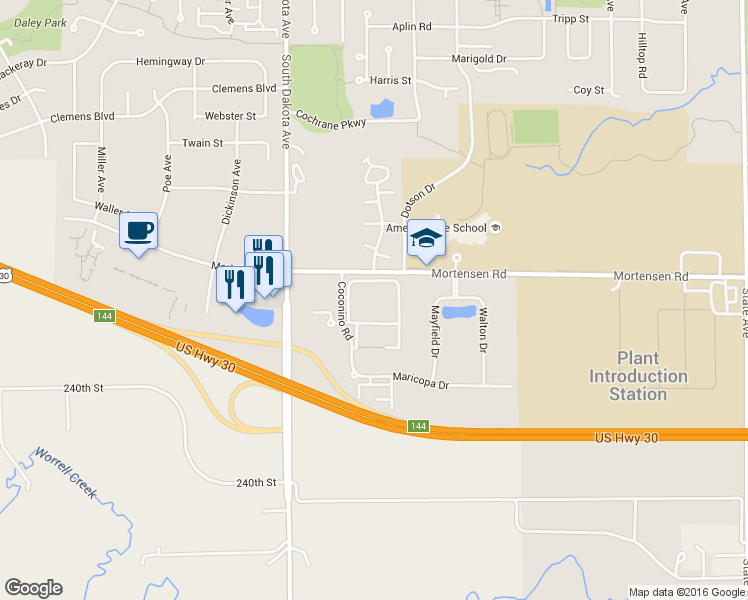 map of restaurants, bars, coffee shops, grocery stores, and more near 1320 Coconino Road in Ames