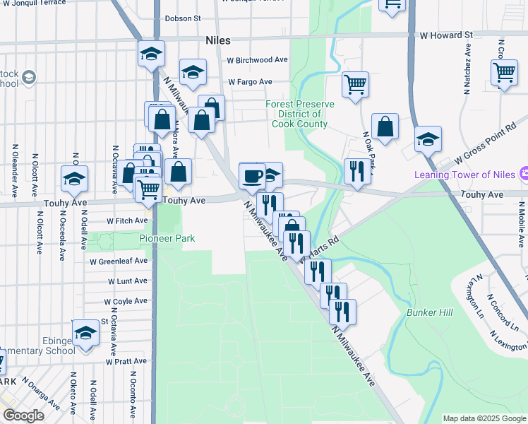 map of restaurants, bars, coffee shops, grocery stores, and more near 7107 North Milwaukee Avenue in Niles