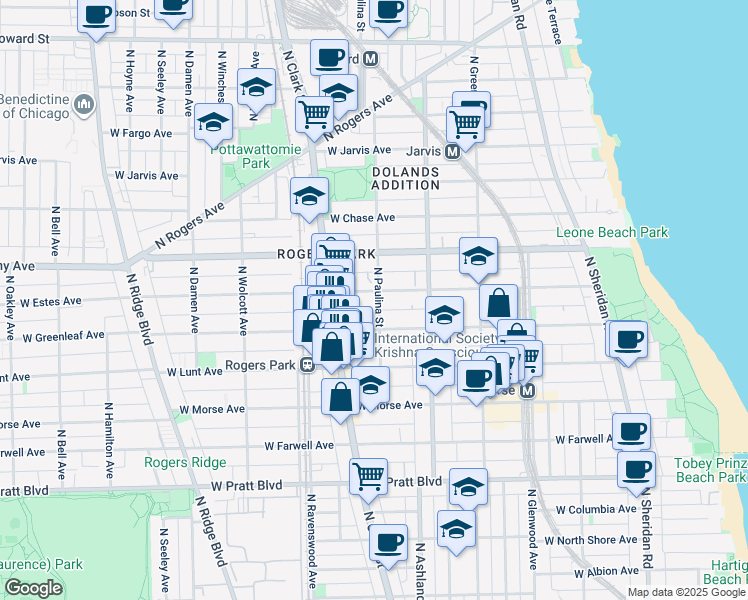 map of restaurants, bars, coffee shops, grocery stores, and more near 7070 1/2 North Paulina Street in Chicago