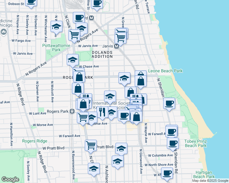 map of restaurants, bars, coffee shops, grocery stores, and more near 1528 West Greenleaf Avenue in Chicago