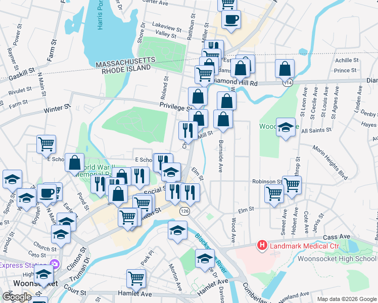 map of restaurants, bars, coffee shops, grocery stores, and more near 626 East School Street in Woonsocket