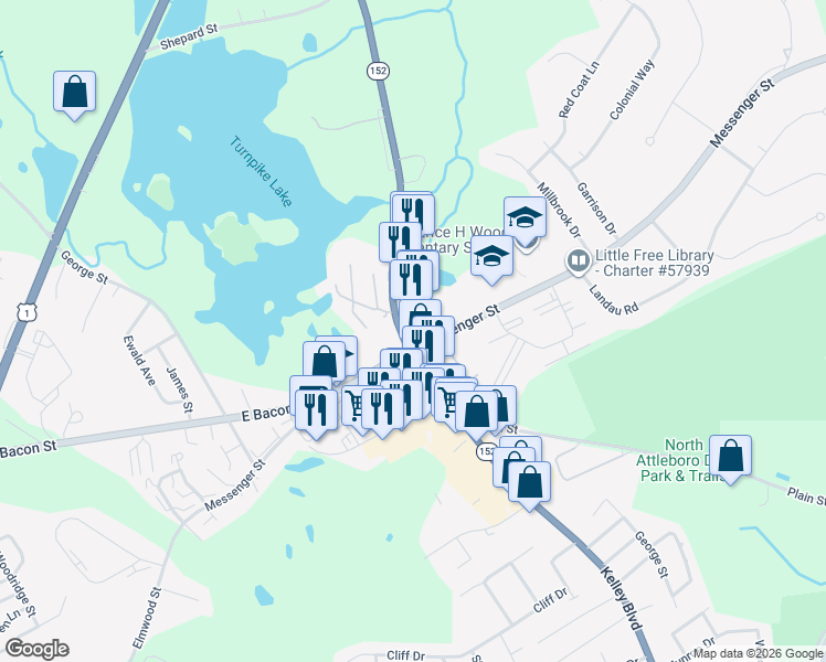 map of restaurants, bars, coffee shops, grocery stores, and more near 13 Taunton Street in Plainville