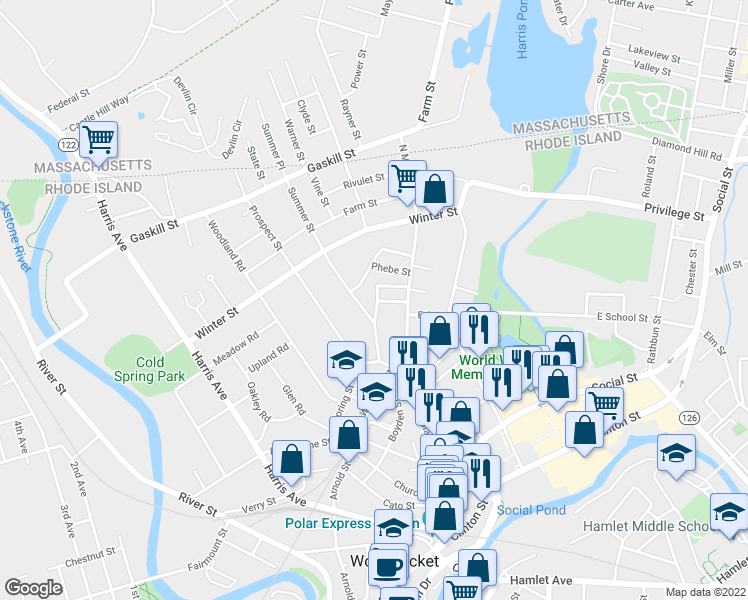 map of restaurants, bars, coffee shops, grocery stores, and more near 42 Libbeus Street in Woonsocket